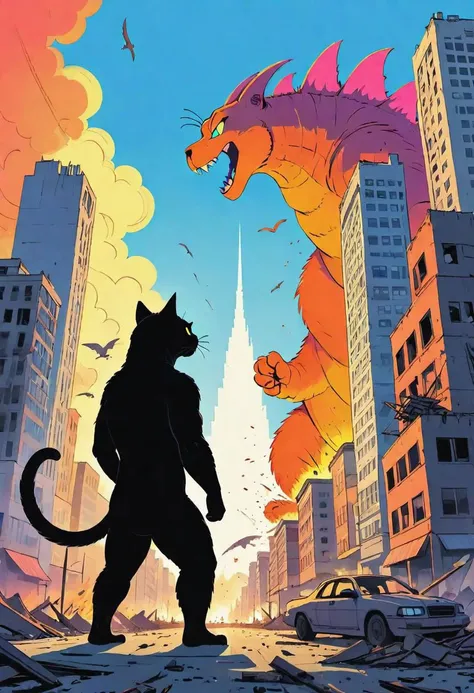 view from the back on town, high building, 1 vs 1, head to head, one cat fighting with paws versus godzilla on the town, destroyed building, vibrant colors, lineart, airforce silhouette on sky