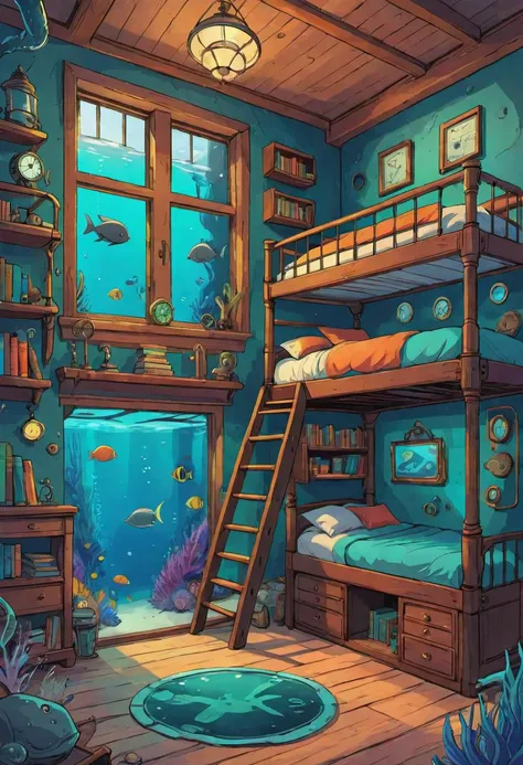 a cozy steampunk bedroom at the bottom of the ocean, bunk bed and ladder, books, aquarium, large window, vibrant colors, lineart