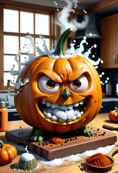 3D rendering of a cute pumpkin character, angry facial expression, exaggerated action, 3D character, a little fluffy, cartoon style, minimalist, HD, high detail, 8k, on a wooden cutting board, in the kitchen, surrounded by salt, pepper, spices, oil, vinegar