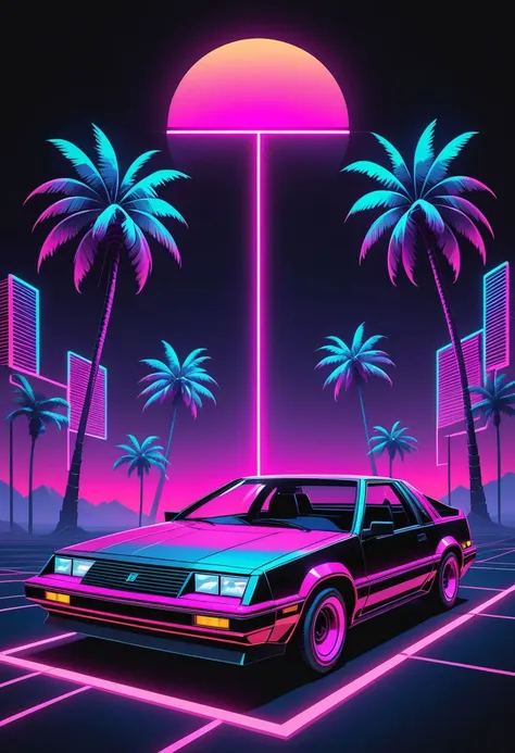 "a minimalist and high-contrast print design inspired by the Synthwave genre and the aesthetics of the 80s. Utilize vibrant neon colors against a dark background to evoke a retro-futuristic feel. Incorporate a car , iconic symbols such as palm trees or cassette tapes, and emphasize geometric shapes and sharp lines for a sleek and modern look. Keep the design clean and focused, capturing the essence of Synthwave's nostalgic vibe with a contemporary twist."
