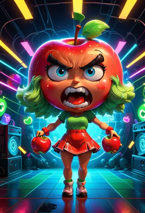 3D rendering of a cute female apple character, angry facial expression, exaggerated action, 3D character, a little fluffy, cartoon style, minimalist, HD, high detail, 8k, on a dance floor, underground club, 80s, neon lights,