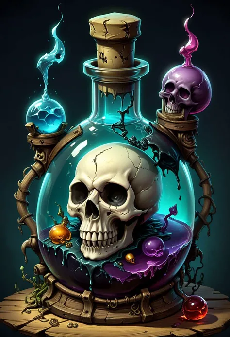 rendering 3d, a skull in a bottle with water and a skull inside, painting of a health potion, hyperrealistic bottle of poison and magic concoctions, love potion, potion, poison drip, alchemy concept, by Justin Gerard, skull fantasy, by Kyle Lambert, concept art design illustration, detailed, detailed art, full color scary detailed art, fantasy game art style, style-nebmagic