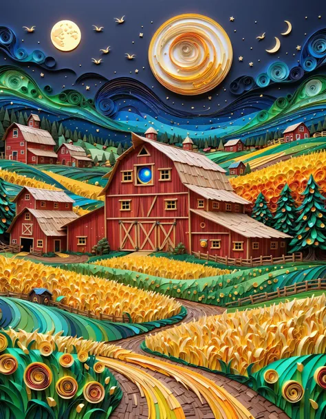 ASCIIwild, whimsical, stylistic, crazy aesthetic, silly, crazy fun, a painting of a farm with a barn and a full moon, paper quilling, inspired by dan mumford, vibrant colors americana, draped in gold, the starry night, trending on artstaion, wind kissed picture, high detailed 3d render art 3d, 1000 x 1000 pixel art, corn, rolling foothills, artdevian, cut paper texture, bizarre, surreal, funny