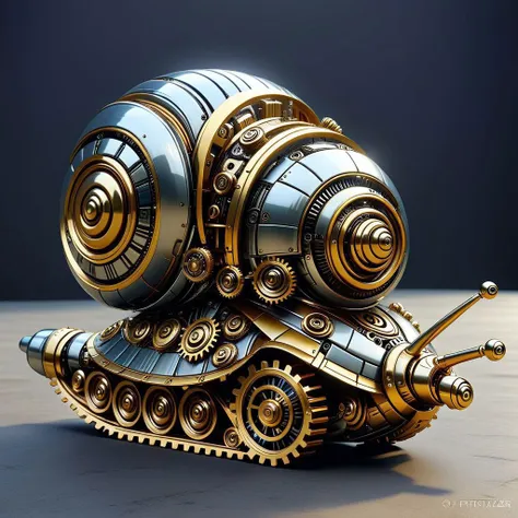 mechanical snail, steel, shiny and gold, tracked, roboticizer, ribbed shell, armed, gears, sci-fi