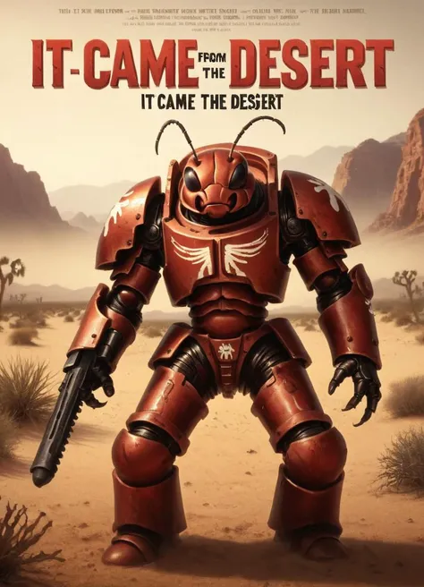 cinematic movie poster of a ant in heavy trmntr armor, title in bold letters saying "It came from the Desert"
<lora:Space_Marine_Terminator_SDXL:1>