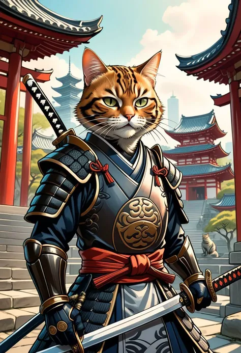 score_9, score_8_up, score_7_up, comic's style, stylized character, swords focus, (close view 1.5)anthropomorphic animal, cat, wearing samurai armor, samurai swords, strict, Japanese temple on background, (sharp:1.2), (detailed:1.2), (HD:1.2), (HDR:1.2), (8K:1.2), (best quality:1.2), (best resolution:1.2), maximalist, (masterpiece:1.2), rough lines, by pencil and ink, crosshatching