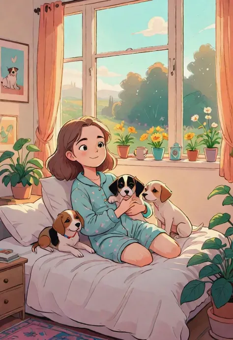 cozy bedroom, a girl in pajamas on comfy bed, laying with cute puppies, sunlight streams, large window with view on garden, peace and tranquility, lazy morning, vibrant colors, lineart