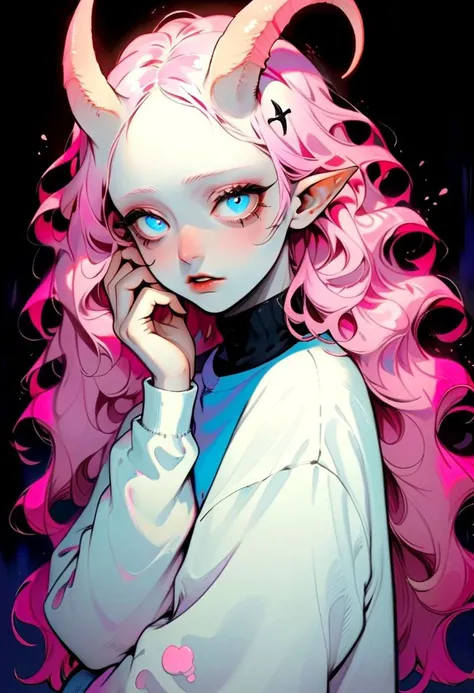 albino demon girl with lethargic sleepy smokey eyes long wavy pink hair, blue eyes, white oversized sweatshirt, thigh high socks