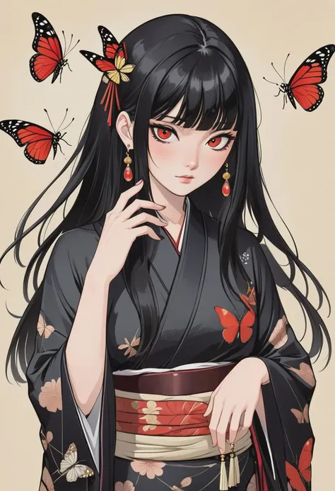 1girl, solo, japanese clothes, long hair, butterfly, bug, black hair, kimono, hime cut, bangs, bracelet, blunt bangs, jewelry, black kimono, red eyes,