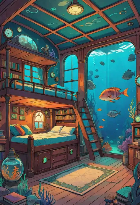 a cozy steampunk bedroom at the bottom of the ocean, bunk bed, books, aquarium, large window, vibrant colors, lineart