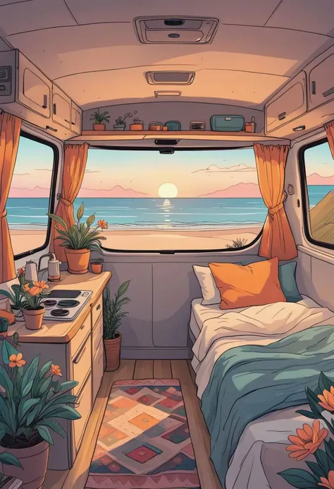 inside a cozy campervan, comfy bed and warm blanket, plants, flowers, decoration, view from the back on quiet beach, sunrise, peaceful, vibrant colors, lineart