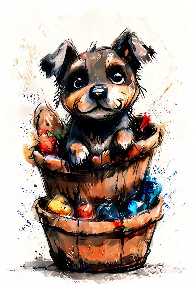 impactful color paint of cute drawing of a puppy in a wicker basket, sofa, pillows, highly detailed, 8k, sharp, professional, clear, high contrast, crystal clear