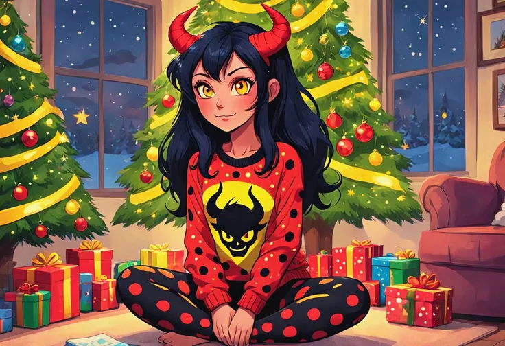 in living room sitting next to christmas tree, a red devil girl with black horns, (glowing yellow eyes:1), black hair , well lit , very skinny, wearing a (over sized christmas print sweater, and polka dot leggings:1.3) ,red skin
