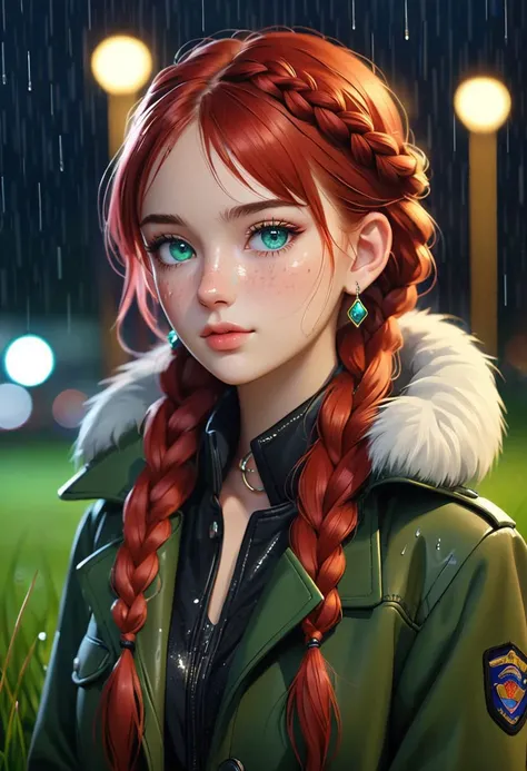 score_9,score_8_up,score_7_up,score_6_up,score_5_up,score_4_up rating_safe, 1girl,solo,long hair,looking at viewer,bangs,blue eyes,gloves,jewelry,green eyes,jacket,upper body,braid,red hair,earrings,outdoors,parted lips, sleepygimp,blurry,lips,coat,fur trim,single braid,night,blurry background,scar,facial mark,piercing,grass,ear piercing,portrait,freckles,rain,head rest,realistic,nose,nose piercing <lora:Lunas-GreenuCorm-SDXL-A1:0.8>,<lora:style_ariimaw-000006:1>,<lora:IlyaKuvshinovXL:0.8>, neon lighting,rim light,colored outline,high contrast