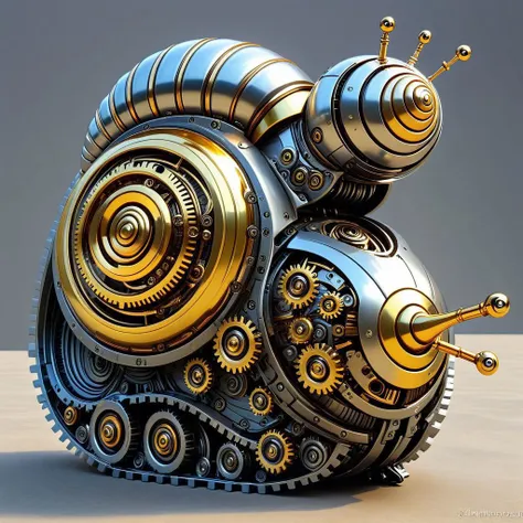 mechanical snail, steel, shiny and gold, tracked, roboticizer, ribbed shell, armed, gears, sci-fi