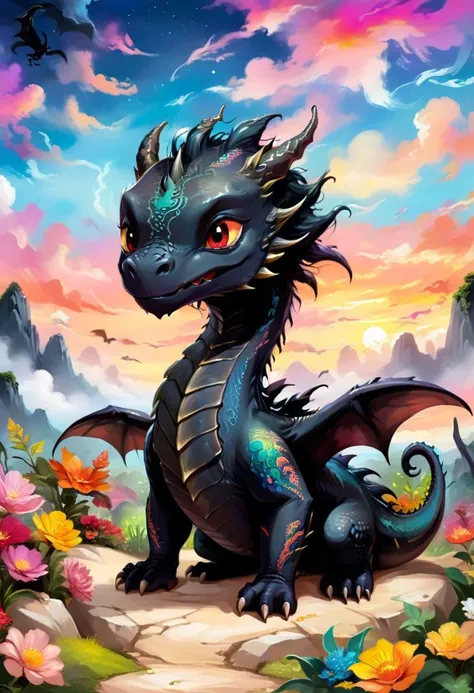A gentle black dragon child living in the Land of Excitement. The background for the black dragon is a colorful sky garden. Please generate the dragon child cutely.