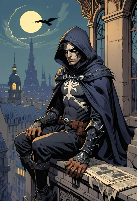 Paris 1900, Dark Fantasy, Dark night, moonlight, strong rim lighting, hard shadows,"CROW MAN", Newspaper title, uncanny ugly hero seated on the ledge, art nouveau architecture, iron structures, strong facial expression, large cape, thorns, intricate outfits, silver ornements,  looking the city under, dark cover, adventures, a trip to tomorrow era, hoodie, looking at camera, graphic novel, vibrant, vivid life, hero pose, dutch angle, detailed black eyes, ligne claire, retro art nouveau style