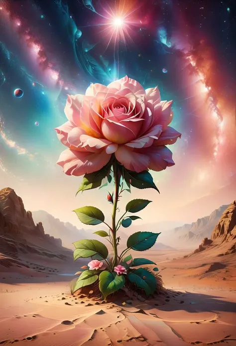 A soft pink rose with opalescent leaves, located in a surreal desert under the light of a binary star system. The dual shadows and contrasting lights create a dreamlike quality, emphasizing the rose's unique beauty.
ais-flowery