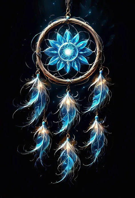 a (dream catcher glowing with a mystical light) hangs on the wall in the blue room, the room is covered in darkness at night, graphic style of novel comics, perfect hands, 2d, 8k, hyperrealism, masterpiece, high resolution, best quality, ultra-detailed, super realistic, Hyperrealistic art, high-quality, ultra high res, highest detailed, lot of details, Extremely high-resolution details, incredibly lifelike, colourful, soft cinematic light,