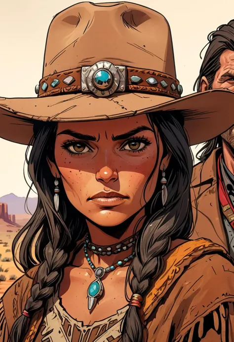 a page from comics, two people, red dead redemption meeting with indians Cheyenne, dark cowboy face, old cowboy, unshaved, beautiful cheyenne woman, a trip to tomorrow era, aftermath,standing, face detail, close view, cinematic, graphic novel, vibrant, highly detailed, black gradients, diligence on background, outline, detailed textures, sketch, drawing, multiple views, detailed brown eyes