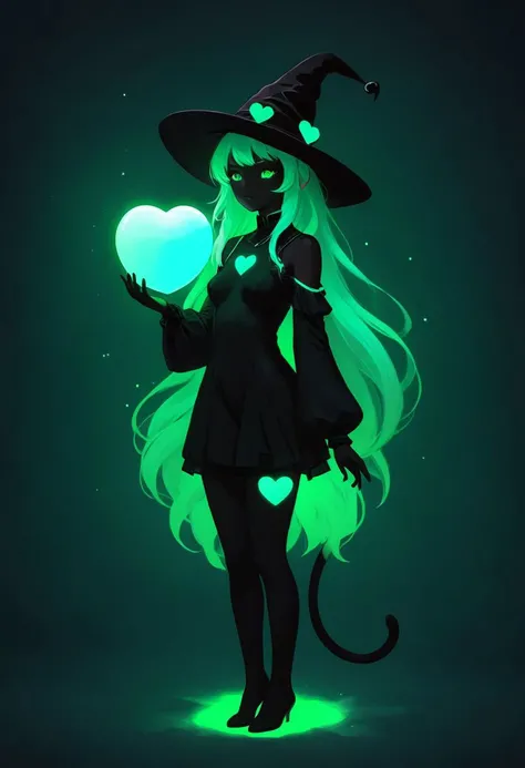 in absolute darkness, profoundly no light, holding neon mint green, small cube shaped 1orbstaff, full body, wearing pantyhose, pointed hat, translucent skin
galaxy, black cat, stars, milky way, love, heart, glowing hair, glowing eyes