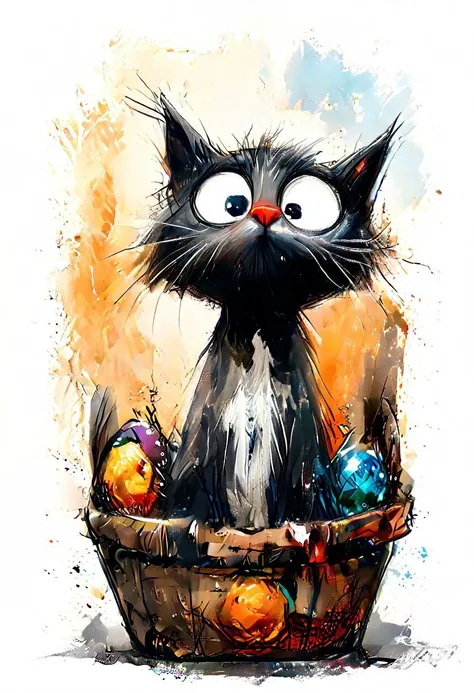 impactful color paint of cute drawing of a cat in a wicker basket, sofa, pillows, highly detailed, 8k, sharp, professional, clear, high contrast, crystal clear