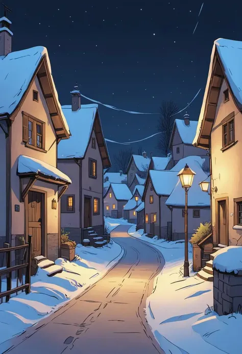 a snowy street in a cozy small village, by night, lineart