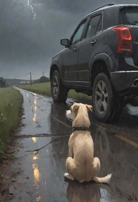 close-up, The dog is sitting on the country road, back, (car leaving in the distance:1.1), car, rain, (thunderstorm:0.8),
(in Nicola Samori style:1.2), (oil painting:0.1), dark theme,
<lora:add-detail-xl:1> <lora:ClassipeintXL1.9:0.5> <lora:NicolaSamori:1>, (best quality, 8K, high resolution, extreme detail, outstanding composition:1.4),