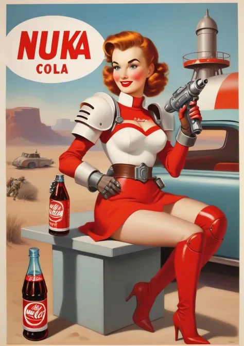 red and white, nuka cola poster, nuka woman wearing a (fallout power armour:1.3), holding sci-fi ray-gun,holding a bottle of nuka cola <lora:falloutpostsdxl:0>, text "Nuka Cola", 1950s, , gil elvgren, Coby Whitmore, pin-up, leyendecker,