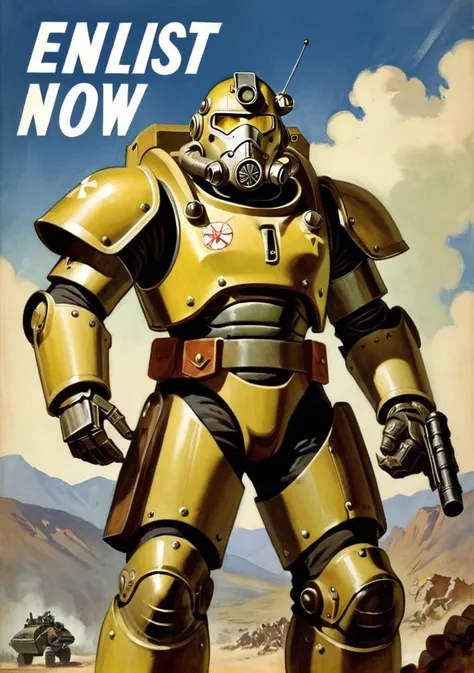 poster, a wearing a ( fallout power armour:1.3), holding a machine gun,( text "Enlist now!":1.5), 1960s, , gil elvgren, Coby Whitmore, leyendecker,
