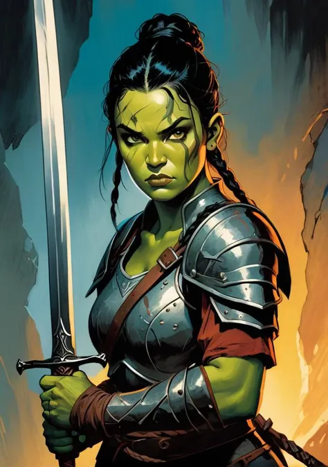 1girl, portrait,(half-orc warrior:1.2),portrait, full shot,dramatic lights <lora:fantasy_world_pony:0.9> , (black hair:1.0),braids, confident look, (heavy armor, holding a sword:1.2), focused look, heroic action pose,(graphic novel illustration, noir colors, colored ink:1.2), (old scar on her face:1.3)