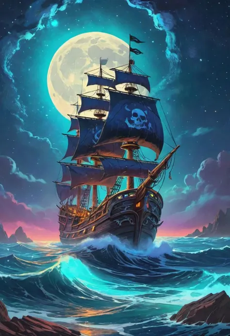 Hyperrealistic Vibrant Mythical And Mystical Hyperrealistic Intricate Dark Spooky Aura Pirate Ship Sailing On Rocky Wavy Seas, Bioluminescent Blue Glowing Vibrant Coloring, All In Beautiful Shades Of Color, Cosmic Galactic Stunning Moonscape Of Many Colors And Bright Stars In The Night Sky With A Gigantic Mystical Full Moon Nebula, 64k Masterpiece, 8k, UHD