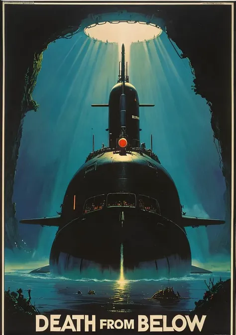 Cedric Seaut, a military submarine under the sea, dark waters (1980's military recruitment poster:1.3), (text: "Death from below":1.5)