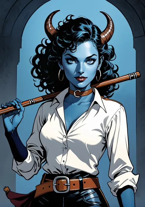 1girl, portrait,(tiefling bard:1.2),portrait, full shot,dramatic lights <lora:fantasy_world_pony:0.9> ,confident look, smug, (leather shoulder pads and belt:1.2) heroic action pose,(graphic novel illustration, noir colors, colored ink:1.2), (blue skin:1.4),(purple eyes:1.2), (playing the flute:1.3), perky breasts,white blouse, curly hair