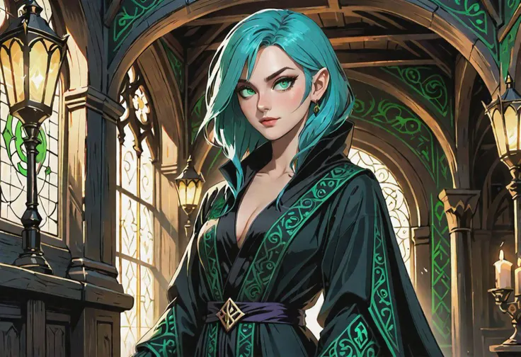 sinister villainess blue hair green eyes, full height is required, black robe with green monograms, green patterns, sinister facial expression, background dark the ancient in a medieval inn, night background, fantasy style high detail, hyper-detailed, 4k, realistic style, fantasy style, 4k, painterly style, hyper detail, darkroom, hdr, elegant, high detail, sharp focus, ((((cinematic look))), hyper detail, low contrast, soft cinematic light, dull colors, exposure blending, HDR, faded, fantasy style, hyper-detailed, professional art, fantasy high detail,