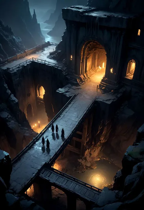 a ruined dark lost mine, D&D fantasy style, magical and ornate, glinting sparkles, demonic architecture and statues, brutalist and gothic mix, deep dark mine, at night, game concept art, view from above a bridge, eerie, cinematic view