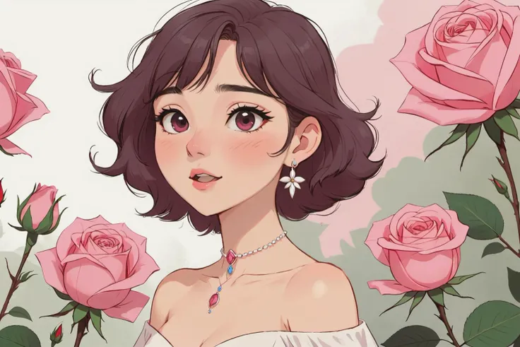 (masterpiece, best quality),pink rose background,profile,close shot,himenoa,:3,white choker,looking at viewer,open mouth,flower,white dress,bare_shoulders,collarbone,earrings,jewelry,(flower, rose:1.5),hair behind ear,facing_away,