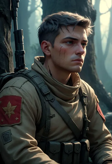 A tired soldier soul transitions into the next realm, sharp details, vibrant, ethereal, 8k resolution