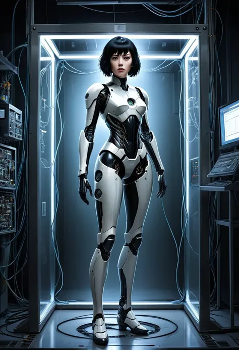 score_9, score_8_up, score_7_up, score_6_up, in style of comic book, illustration, Beauty, masterpiece, realism, hyperrealism, super HD, illustration, Comic Book Style Cinematic style, dramatic chiaroscuro, ethereal beauty, high definition, Midjourney style, cinematic style, high fidelity, realism, 20 years old, Cinematic style, Illustration, Dramatic Chiaroscuro, Ethereal Beauty, High Resolution, 1girl, ghost in the shell, Major Motoko Kusanagi, beautiful face, pale skin, short bob sleek black_hair, svelte robotic body, full body, standing, wires, robotic legs, robotics arms, robotic body, robotic hands, futiristic, robotic, mechanical, armored, standing, expressionless face, deadly robotic body, black ceramic led schematic robotic body, standing alone, inside a glass robotics Fusion laboratory, (wires), arms and legs restrained in a vitruvian harness, concentric glass ring containment chamber, straight leg,mecha,glasstech , raw photo, film grain, (photorealistic, realistic:1.2), deep shadow, super high resolution
,realisticvision-negative-embedding,easynegative