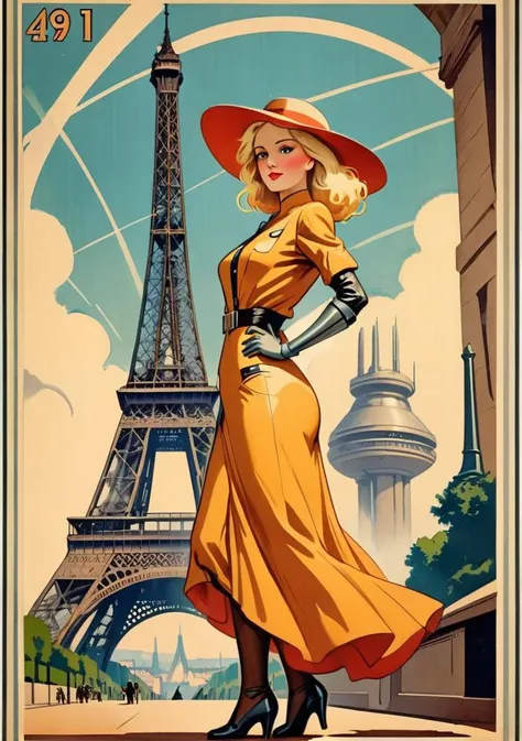 (1910's retro futurism:1.5), a beautifull blond woman standing, eiffel tower in the background, medium full shot, tourism advertisment poster