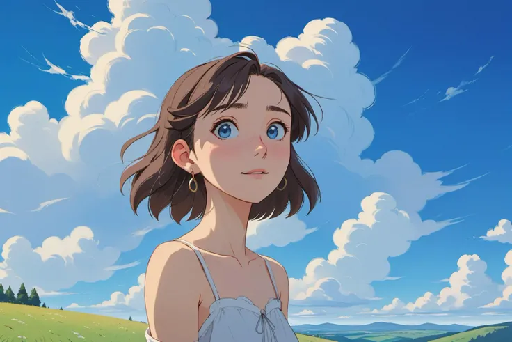 (masterpiece,best quality:1.5),ultra realistic,32k,RAW photo,(high detailed skin:1.2),8k uhd,dslr,soft lighting,high quality,film grain,rim light,collarbone,eardrop,(wind),lady,(sexy:1.1),Blue sky,white clouds,view from front,(Eastern European plateau),summer day,anime,