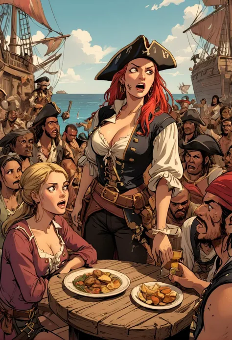 raw Pirates meeting in 1473 in America colonisation, Barbades, graphic novel comics , Bar Pirate, women and men together, a leader talking to the crowd, highly detailed, wide angle , 1girl, eating, punch face