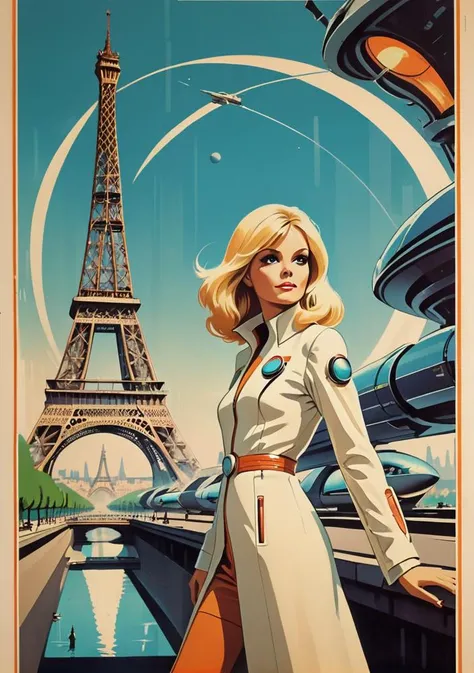 (1970's retro futurism:1.5), a beautifull blond woman standing, eiffel tower in the background, medium full shot, tourism advertisment poster