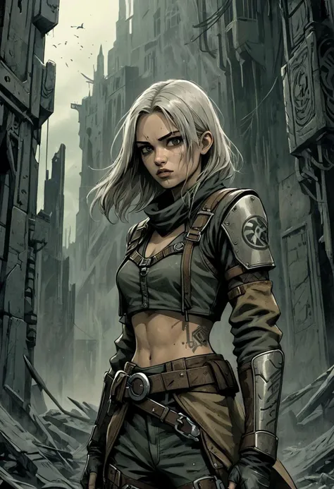 rogue, dark fantasy, upper body, traditional native pale suede leather outfits, megalopole, dystopic, cropped framing, cinematic, graphic novel illustration, grungy, intricate textures, future background