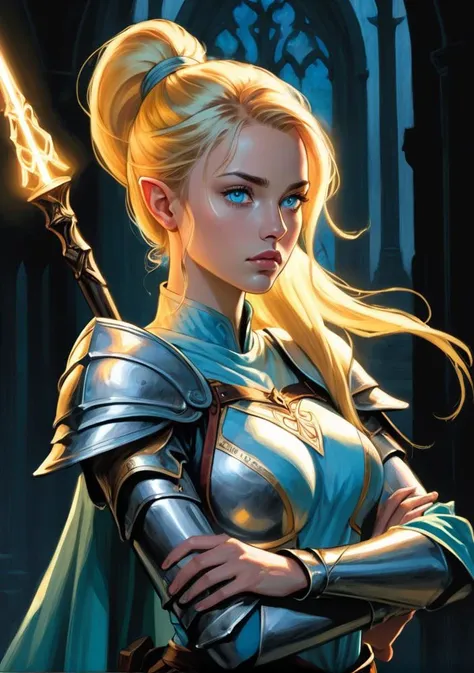 1girl, portrait, beautiful, elf cleric,portrait, beautiful, medium shot, medium breasts,perky breasts, dramatic lights <lora:fantasy_world_pony:0.9> , (big lips:0.8), (light blond hair:1.2), high ponytail, (focused look:1.3), light blue eyes, praying, (light armor, with a staff in her back:1.2), focused look, detailed hands,(graphic novel illustration, noir colors, colored ink:1.2)