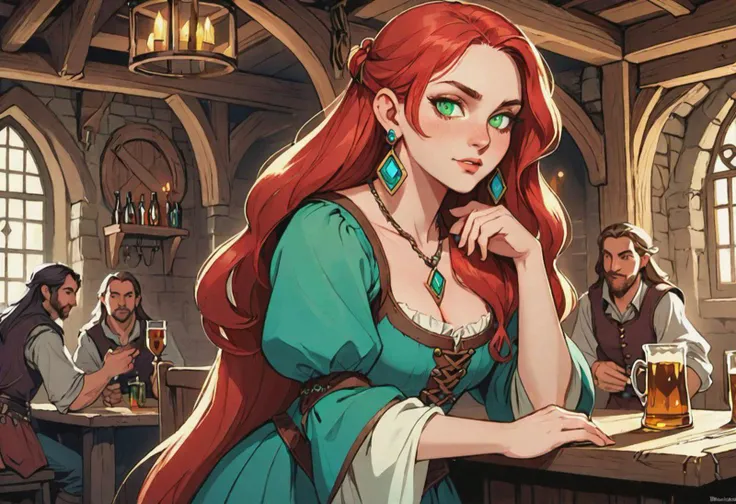 bard, Big female, long red hear, green eyes, noble dress, big torquoise earrings, colorfull medival tavern, dungeons & dragons