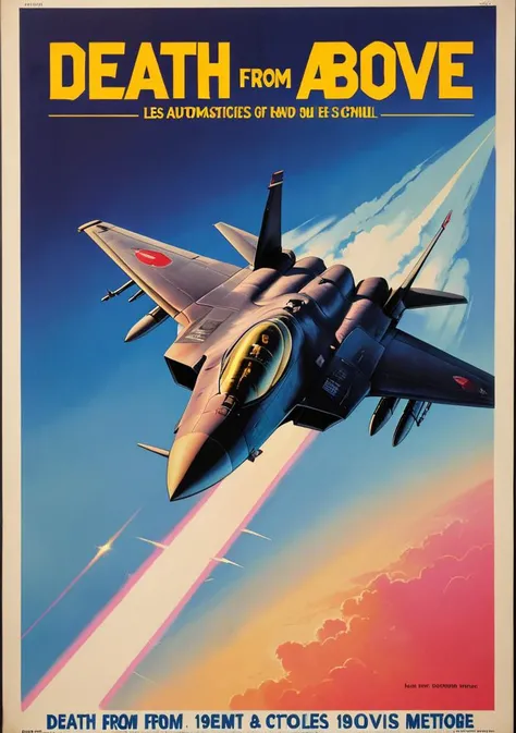a jet fighter airplane flying in the sky ,(1980's military recruitment poster:1.3), (text:"death from above":1.5), Clovis Trouille, les automatistes, synthwave