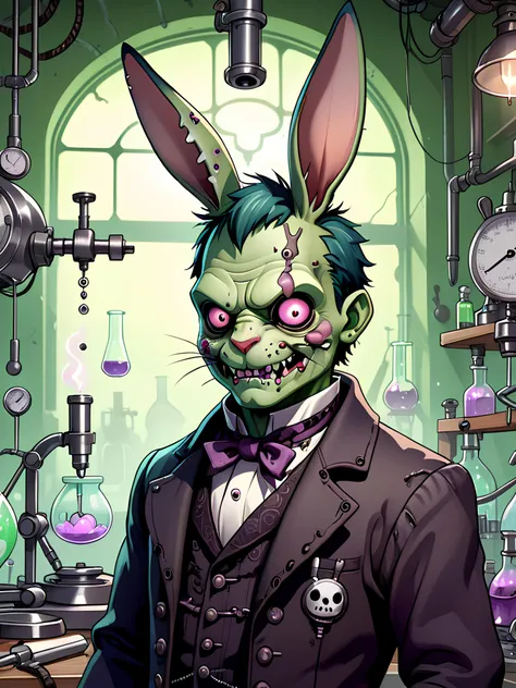 kawaii fantasy Frankenstein's monster bunny, stitches on face, neck bolts, fluffy, hazy Victorian laboratory background, <lora:detailed_notrigger:1>
