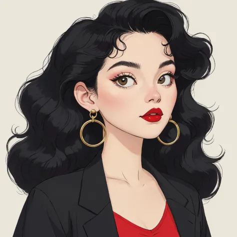 (1980s style:1.5),wavy hair,black hair,big circleear rings,redlipsticklips,closed mouth,redsilktop,whiteskin,(shyexpression:1.3)
masterpiece,best quality,