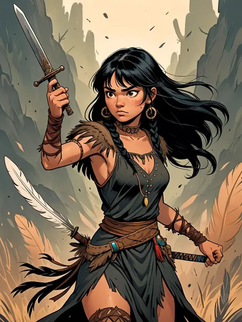 (graphic novel illustration, flat colors, 2d:1.3), artwork, candid camera, medium shot, view of cheyenne, petite, small breasts, perky breasts, skinny curvy proportions, sexy, confident, long curvy black hair, braids, bangs,freckles, pale suede skin leather indian tunic, dress, heroic action pose, traditional outfits, wild, holding a cheyenne weapon, feather